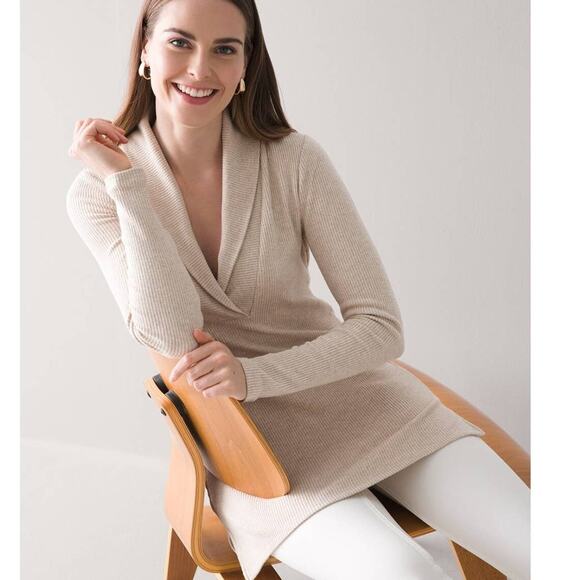 White House Black Market Shawl Collar Sweater Womens Medium Tan Stretch Preppy - Picture 1 of 10